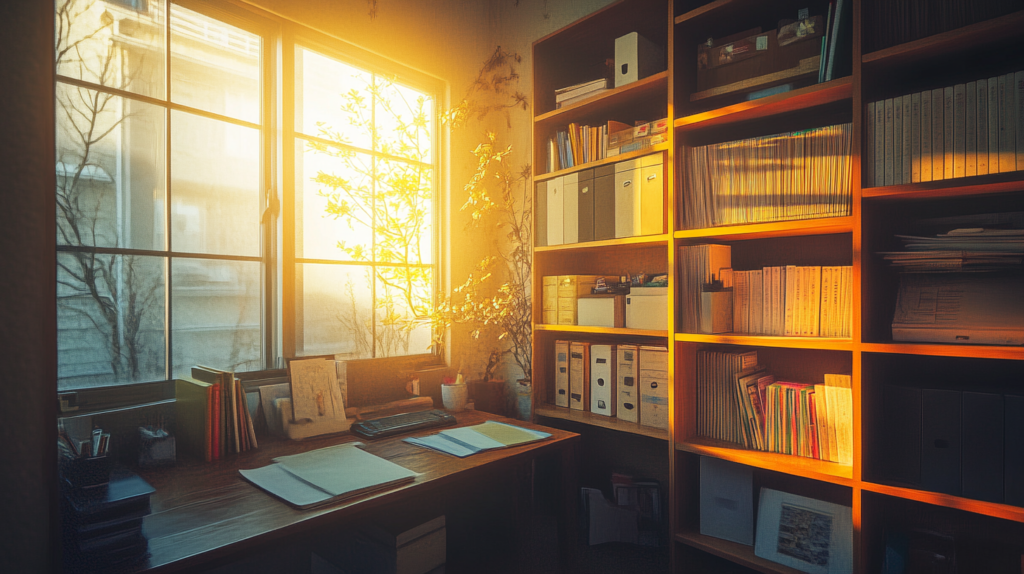 Um escritório doméstico sendo transformado por organizadores profissionais. A equipe categoriza livros, organiza itens de escritório e otimiza o ambiente, mostrando personal organizer profissional, organizadora profissional e dicas para organização de ambientes em técnicas de organização de espaços.