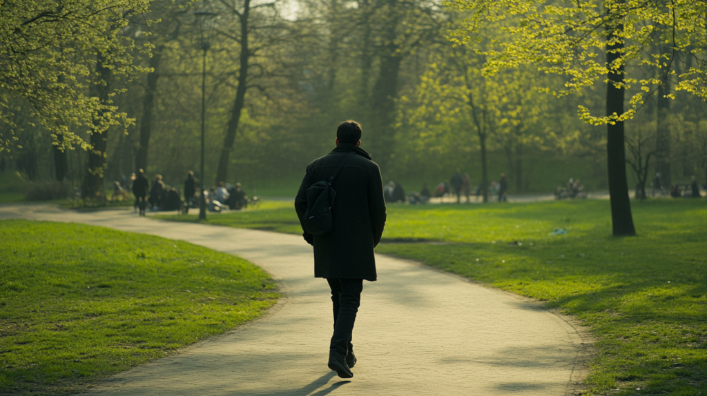 Uma pessoa caminhando calmamente em um parque arborizado, aproveitando o momento para renovar as energias. O cenário natural reflete aproveitar o fim de semana, desfrutar do final de semana, renovar as energias e recarregar as energias.