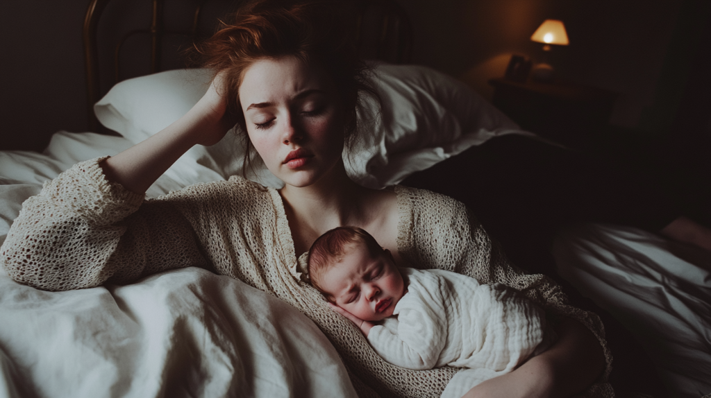Mãe exausta sentada em sua cama, demonstrando sinais de depressão pós-parto enquanto cuida do bebê adormecido ao lado. A cena mostra sinais de esgotamento e conexão materna em um ambiente acolhedor.