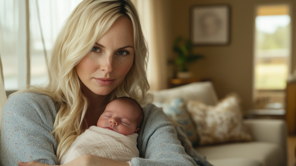 Mãe jovem segurando seu bebê recém-nascido em um ambiente acolhedor, refletindo sobre a depressão pós-parto. A cena inclui sinais de vulnerabilidade emocional e conexão materna.