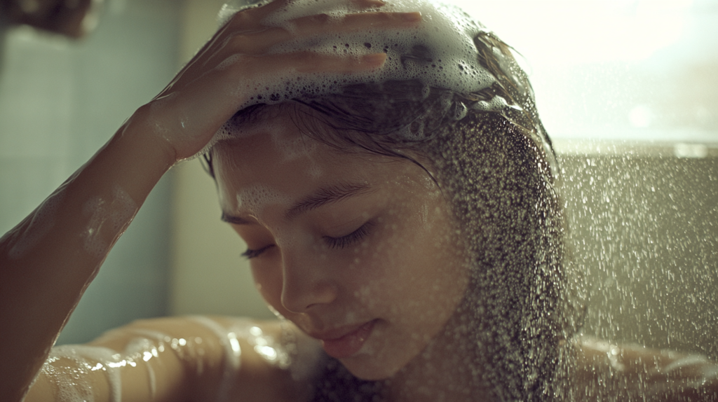 Mulher lavando os cabelos em um banheiro moderno, destacando cuidados antipoluição para cabelos e a importância da limpeza adequada.