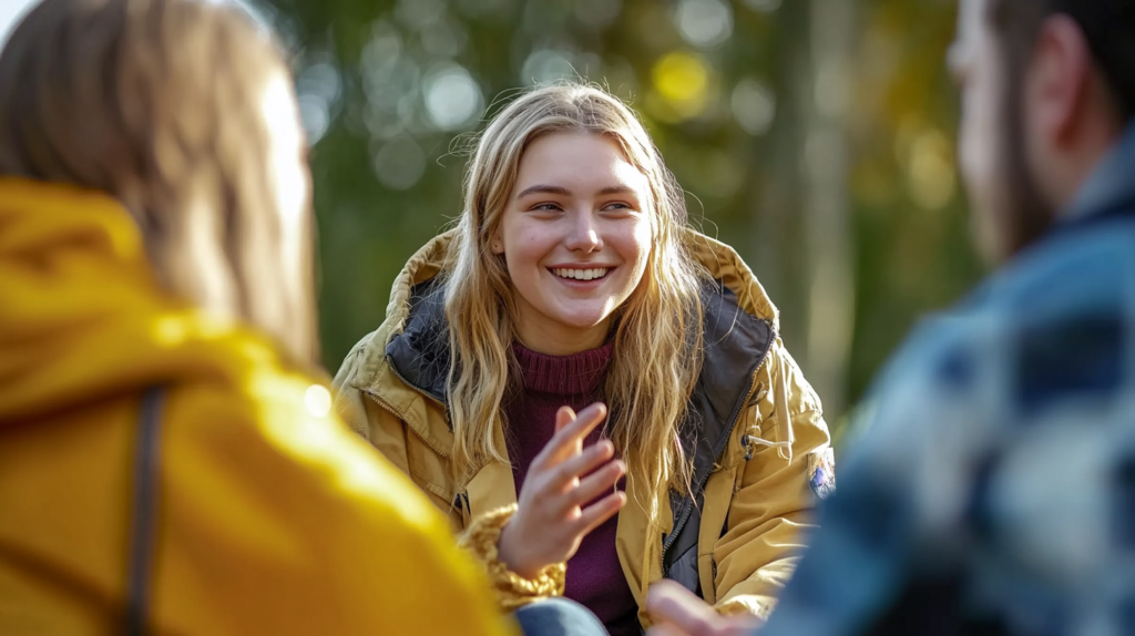 Um grupo diverso de pessoas em um parque, compartilhando uma conversa positiva, mostrando como apoiar uns aos outros para melhorar a autoestima e desenvolver rotinas para o amor-próprio em um ambiente tranquilo.