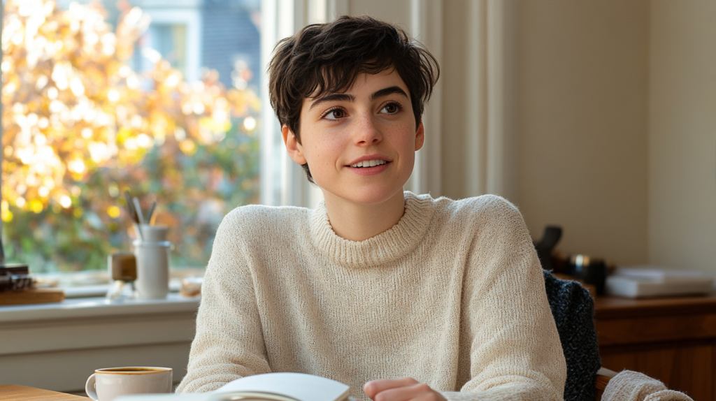 Uma mulher jovem sentada em uma janela, com expressão confiante e otimista, refletindo sobre como melhorar a autoestima, enquanto cultiva hábitos para autoestima e rotinas para o amor-próprio em um ambiente acolhedor.