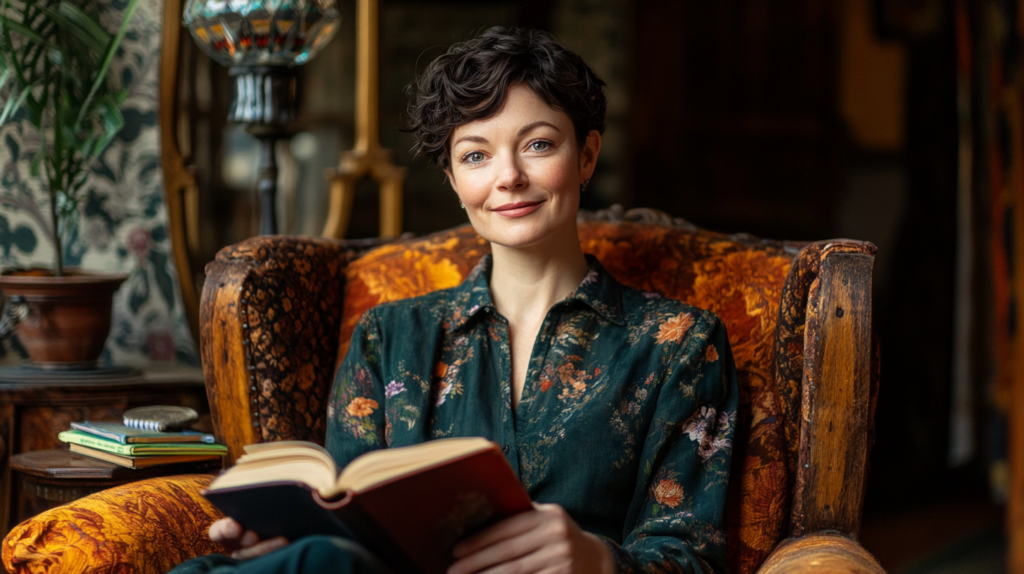 Canto de leitura maximalista com poltrona estampada, mesa lateral vintage e um homem lendo, em meio a um ambiente rico em detalhes e texturas.