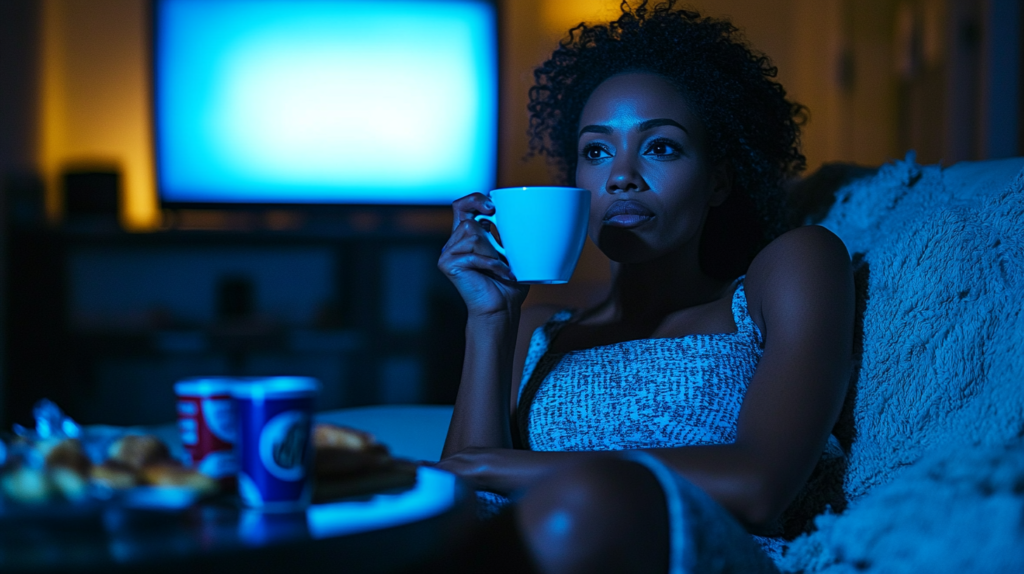 Mulher cansada à noite no sofá, segurando café e um lanche açucarado, ilustrando como maus hábitos alimentares prejudicam o sono