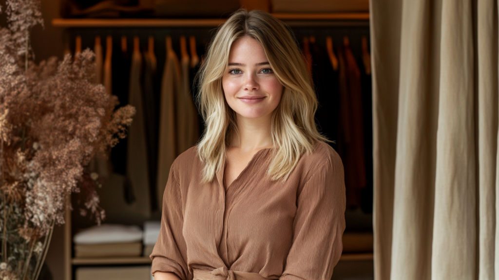 Mulher confiante exibindo os benefícios de um guarda-roupa cápsula sustentável, com roupas elegantes e minimalistas, destacando o consumo de moda sustentável.  
