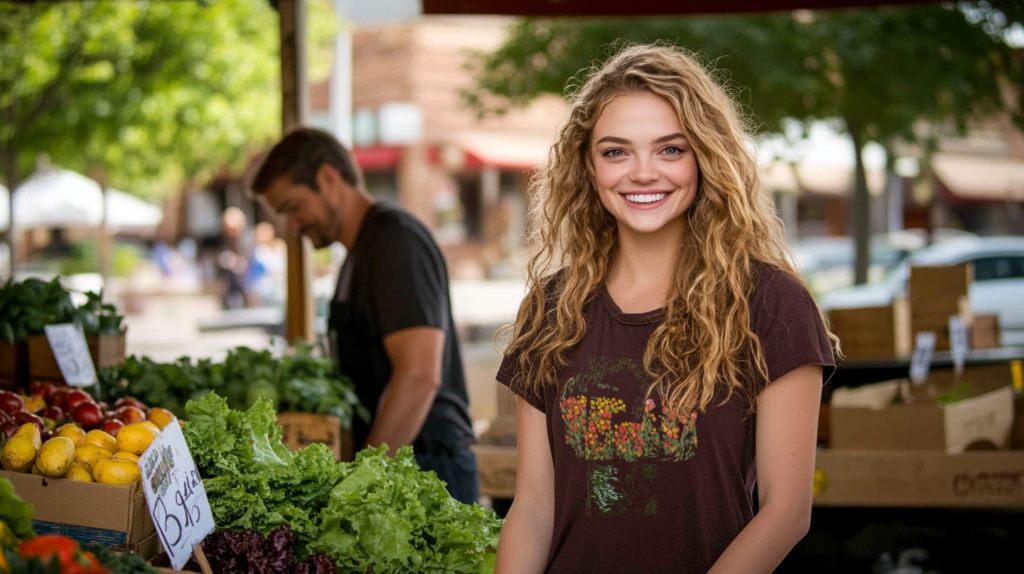 Mulher em mercado local comprando produtos frescos, simbolizando turismo sustentável e o apoio às comunidades locais.
