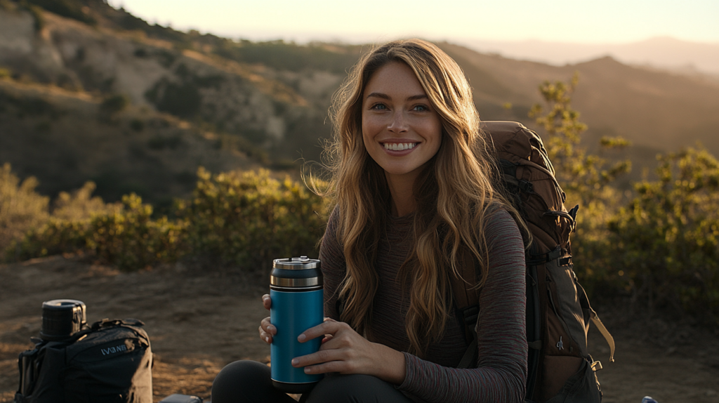 Mulher em trilha montanhosa usando garrafa reutilizável, representando dicas de viagem ecológica e práticas sustentáveis.
