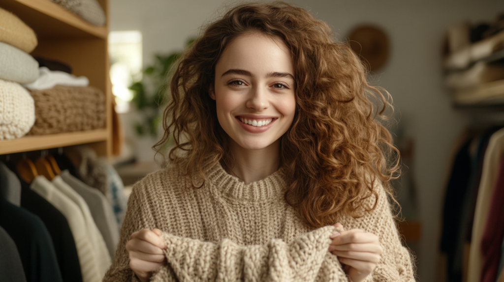 Mulher montando um guarda-roupa cápsula sustentável com roupas minimalistas e versáteis, em um ambiente organizado e acolhedor.  
