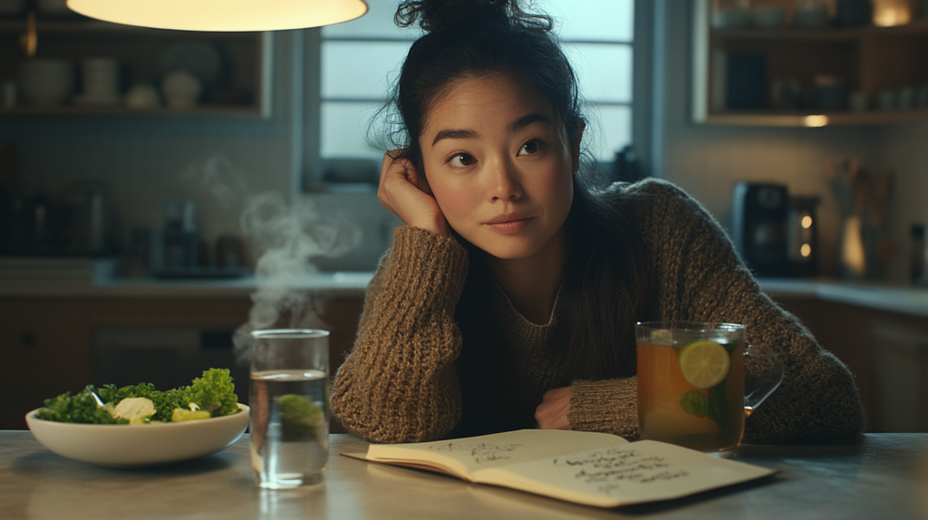 Mulher planejando refeições saudáveis à noite com alimentos como chá e vegetais, destacando dicas práticas para melhorar o sono através da alimentação