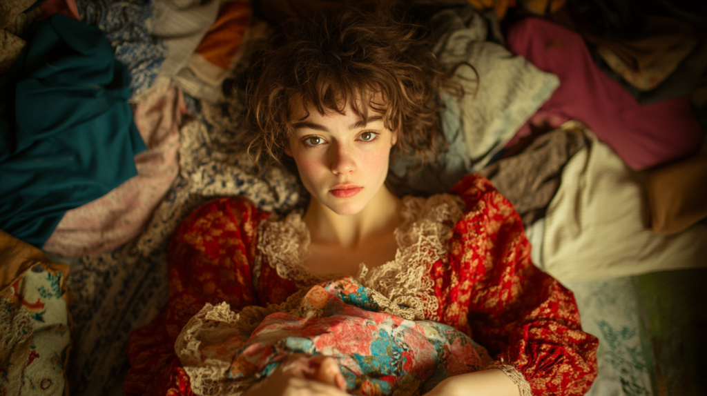 Mulher refletindo sobre desapegar de roupas antigas para criar um guarda-roupa cápsula sustentável, promovendo moda consciente.  
