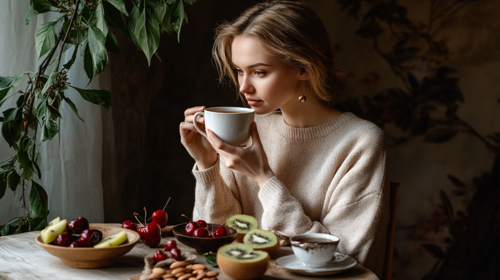 Mulher tomando chá e cercada de alimentos como kiwis e amêndoas, destacando os alimentos que melhoram a qualidade do sono