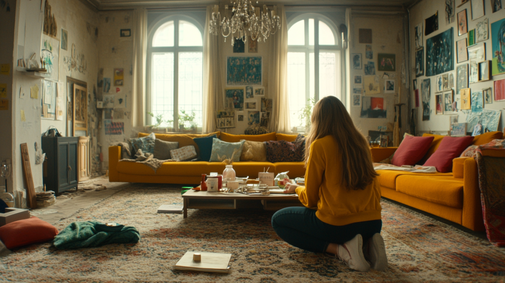 Sala ampla com estilo maximalista, apresentando móveis coloridos, elementos decorativos variados e uma mulher organizando objetos com equilíbrio e estilo.