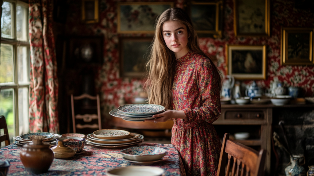 Sala de jantar decorada com maximalismo, apresentando papéis de parede estampados, móveis coloridos e uma mulher organizando a mesa com alegria.
