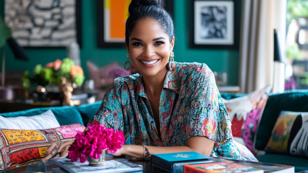 Sala decorada com o estilo maximalista, com paredes vibrantes, móveis estampados e uma mulher sorrindo enquanto ajusta almofadas, refletindo um ambiente cheio de personalidade.
