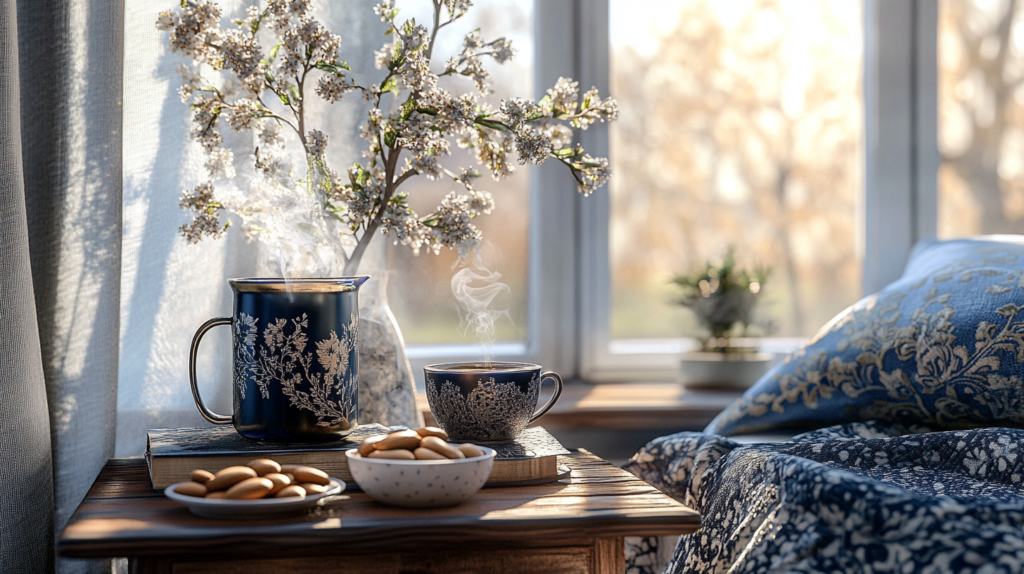 quarto acolhedor com alimentos como chá e amêndoas ao lado, destacando a relação entre alimentação e qualidade do sono