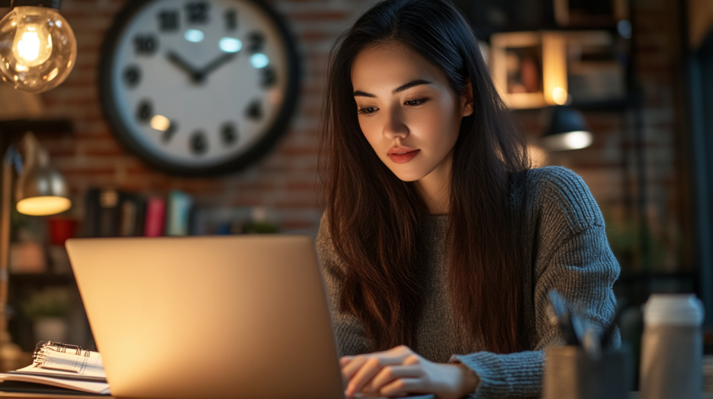 Mulher administrando seu tempo de maneira eficiente no empreendedorismo feminino, aplicando dicas para mulheres empreendedoras sobre produtividade.